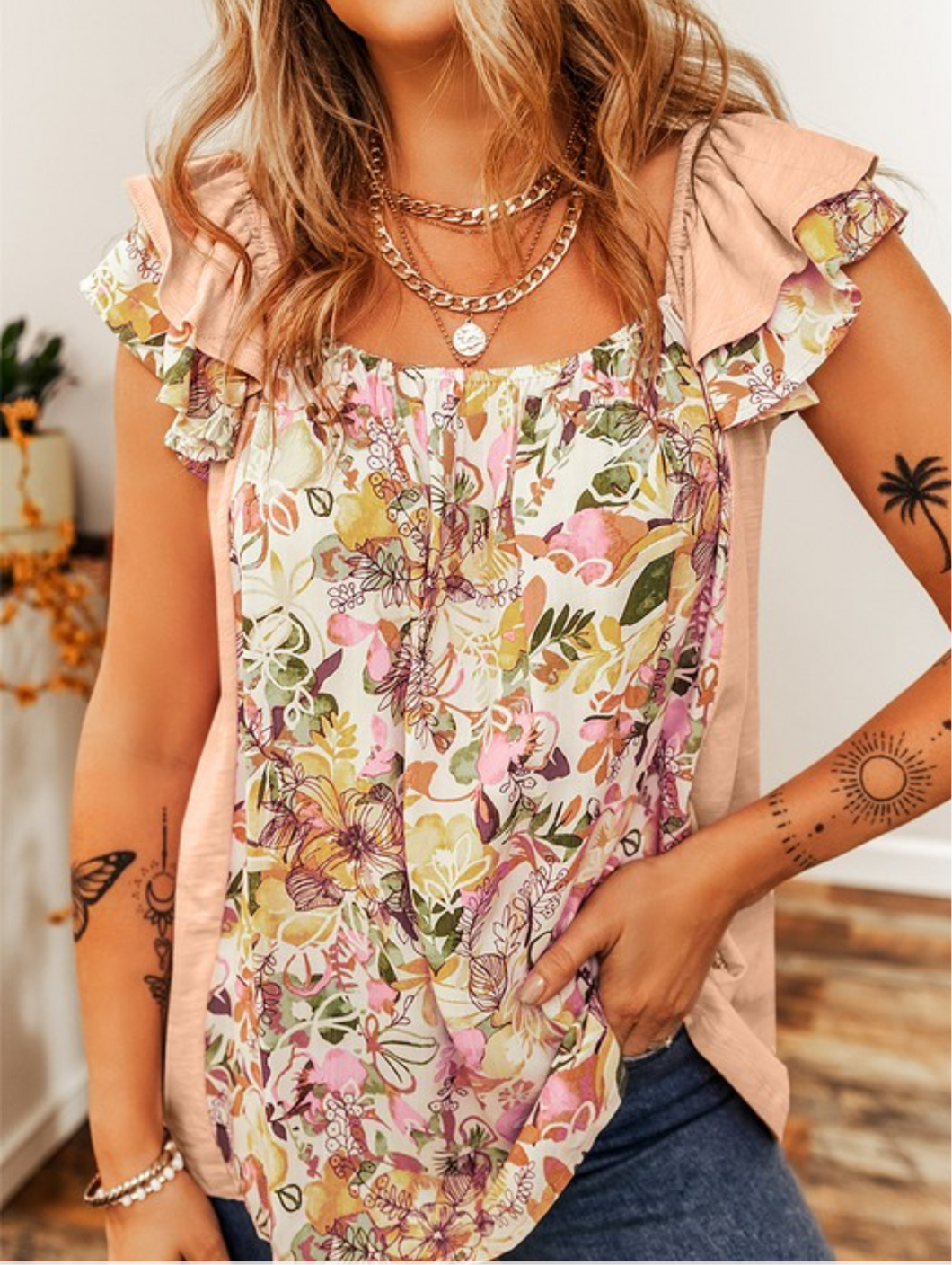 Floral Ruffle Blouse- L